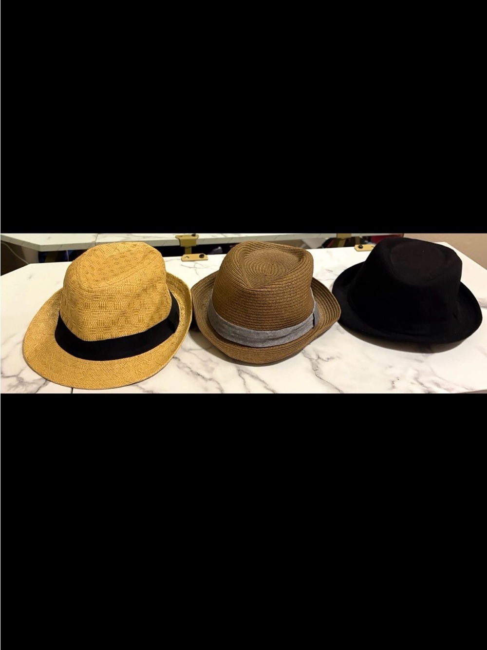 L/XL Men’s Trio of Fedora Hats in Straw, Brown, and Black